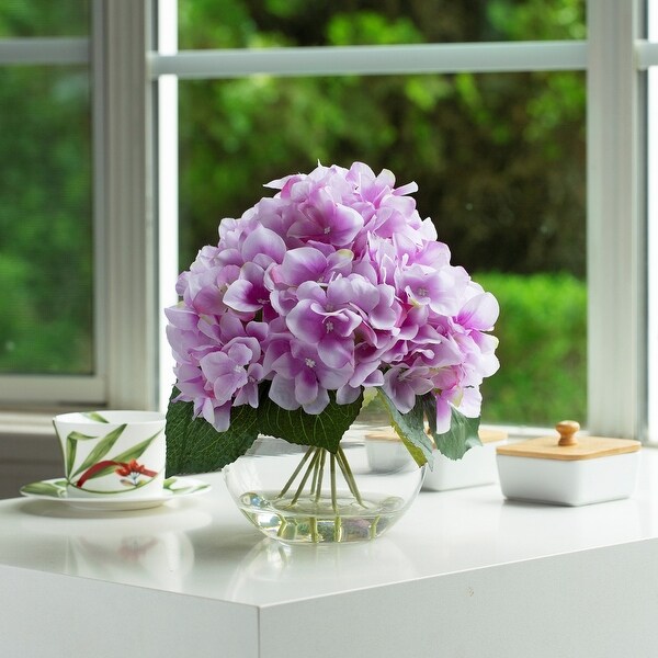 Hydrangea Artificial Flowers in Round Glass Vase with Faux Water，Silk Flower Arrangements in Vase for Home Decor，Wedding Table