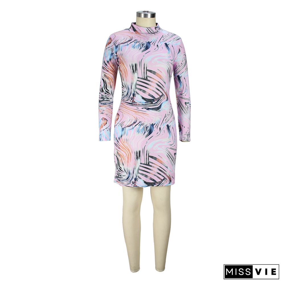 Abstract print Long Sleeve O Neck Pencil Dress