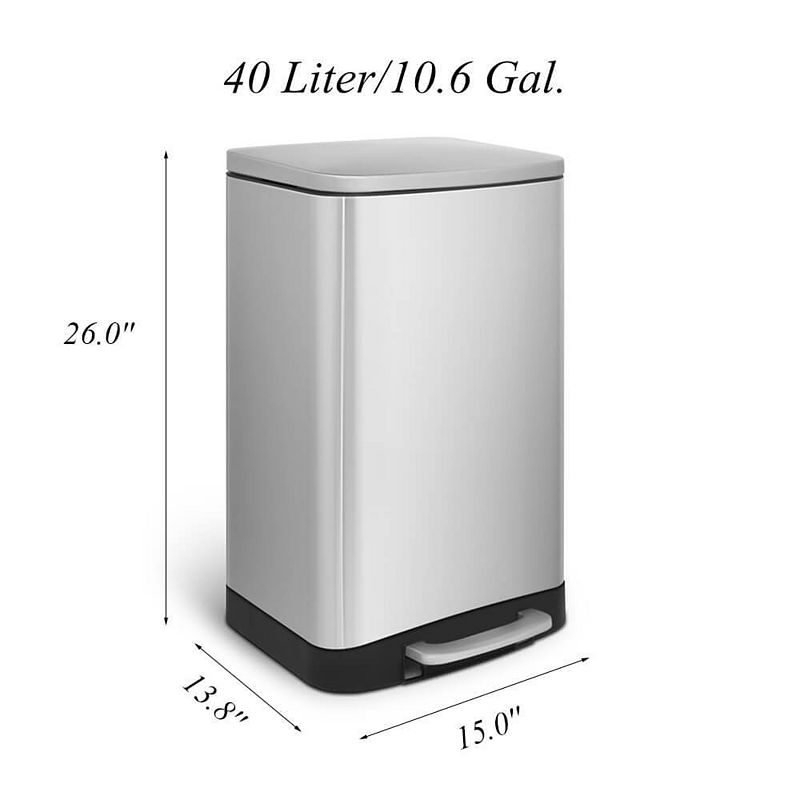 10.6 Gal./40 Liter Stainless Steel Rectangular Step-on Trash Can for Kitchen