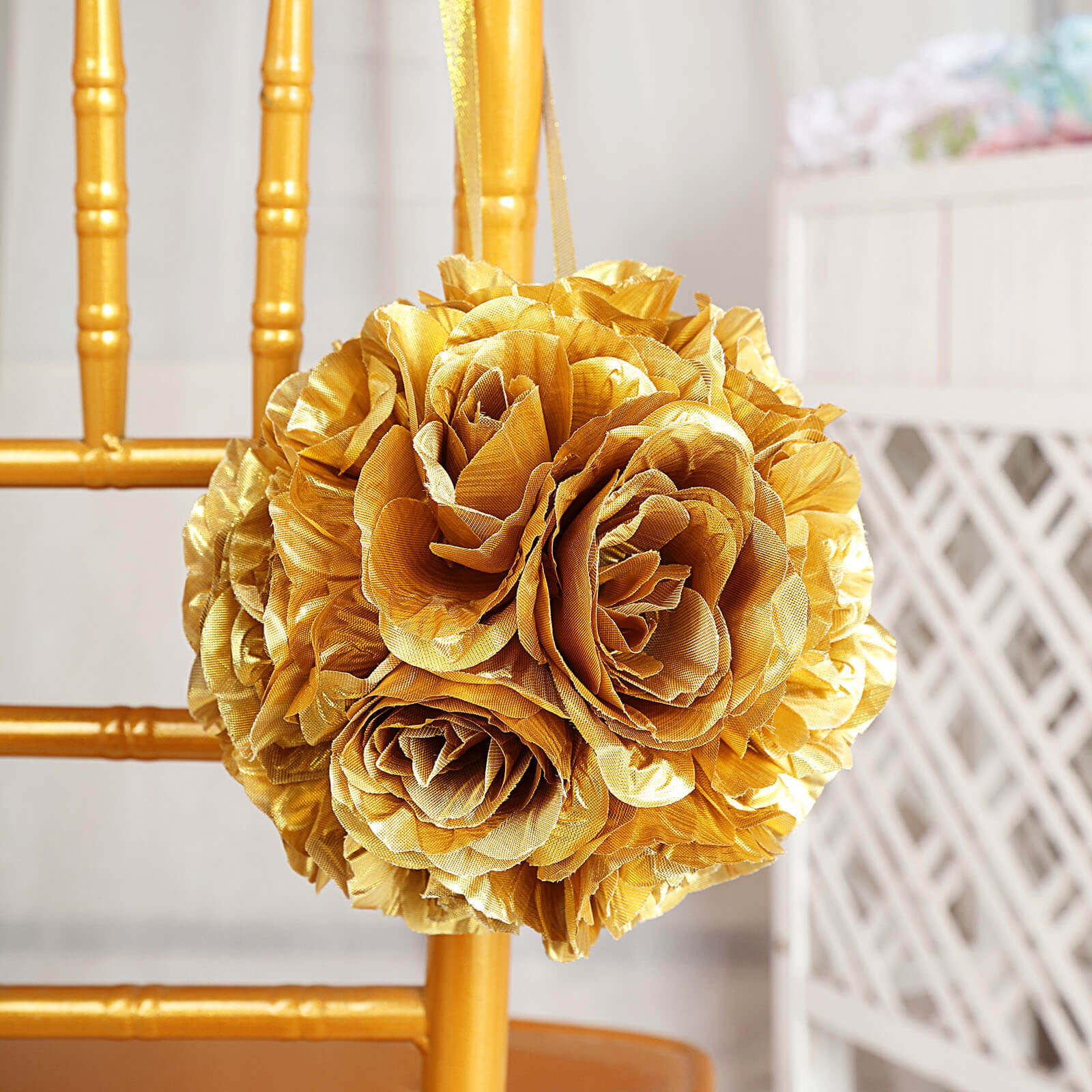 2 Pack Gold Artificial Silk Rose Kissing Ball, Faux Flower Ball 7