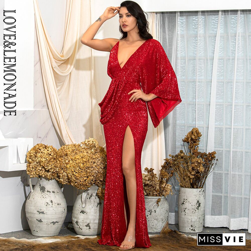 Sexy Red V-Neck Single Sleeve Sequins Split Party Maxi Dress LM81848