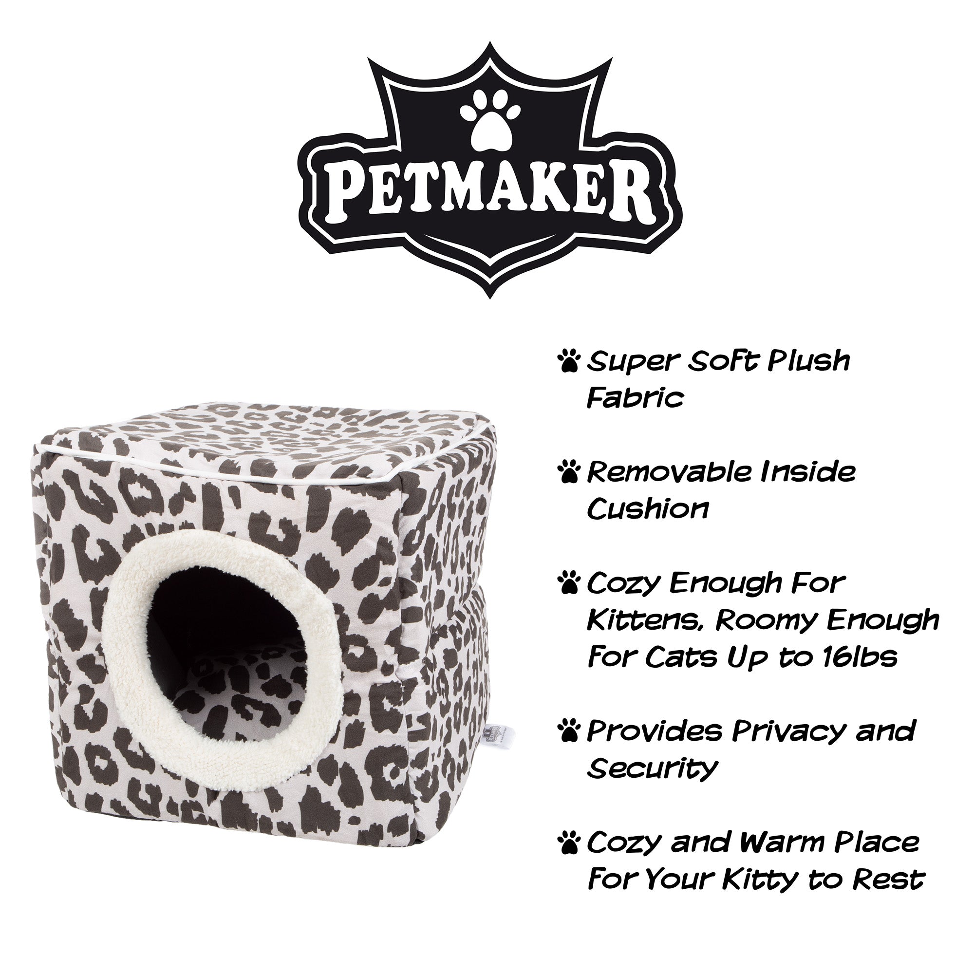 Cat House - Indoor Bed with Removable Foam Cushion - Cat Cave for Puppies, Rabbits, Guinea Pigs, and Other Small Animals by PETMAKER (Animal Print)