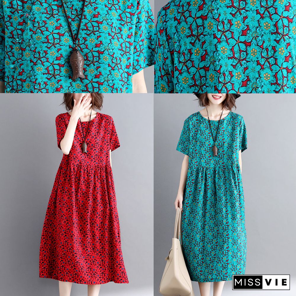 Elegant green print cotton linen maxi dress trendy plus size short sleeve long dresses New o neck clothing dresses