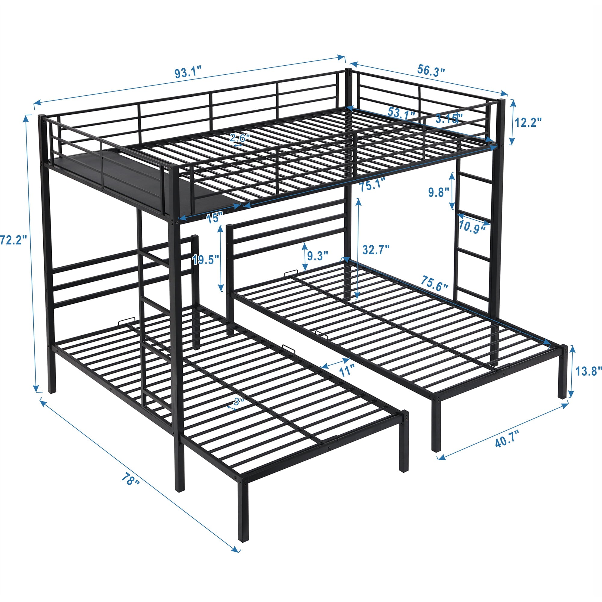 Bellemave Metal Triple Bunk Bed with Ladder, Full over Twin & Twin Bunk Bed for 3 Kids, Teens, Boys & Girl in Bedroom (Black)