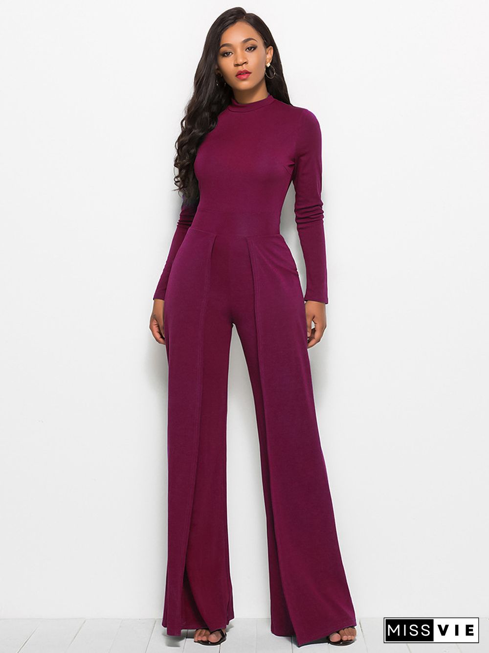 Fashion Crew Neck Long Sleeve Wide Leg Jumpsuit