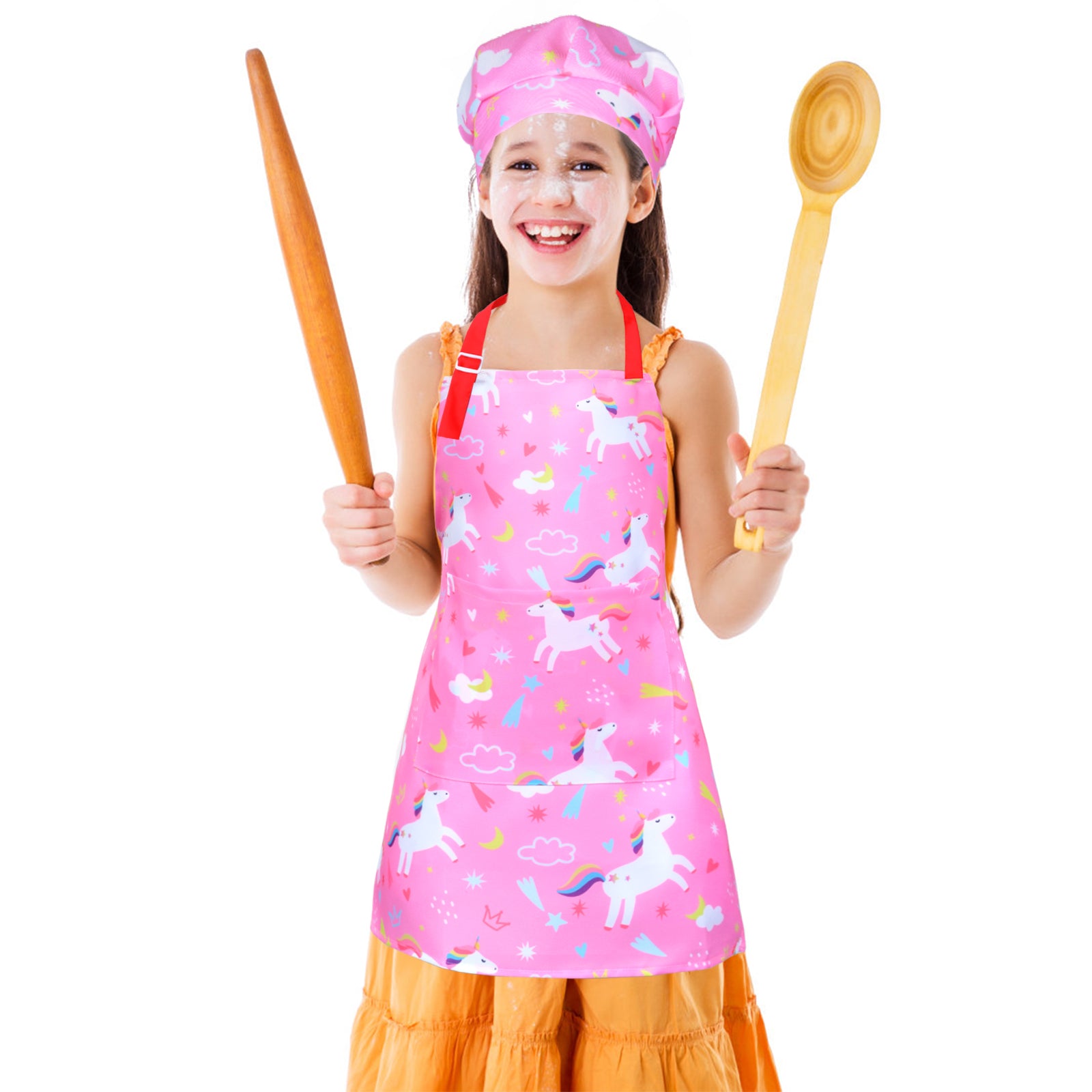 Sylfairy Aprons for Kids Girls with Hat and Big Pocket Kitchen Chef Aprons Smock for Cooking Baking and Gardening (Pink+Rose Red， S， 3-5Years)