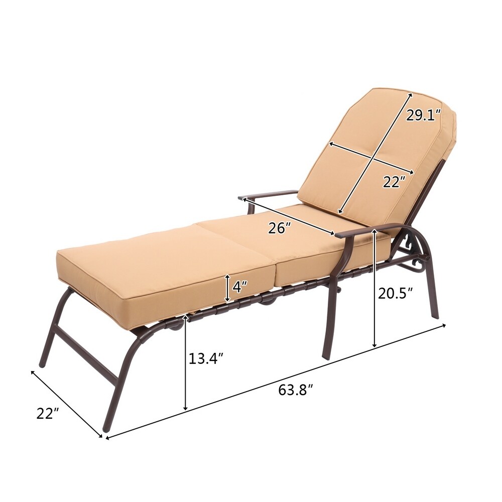 Adjustable Outdoor Steel Patio Chaise Lounge Chair with Cushions Beige