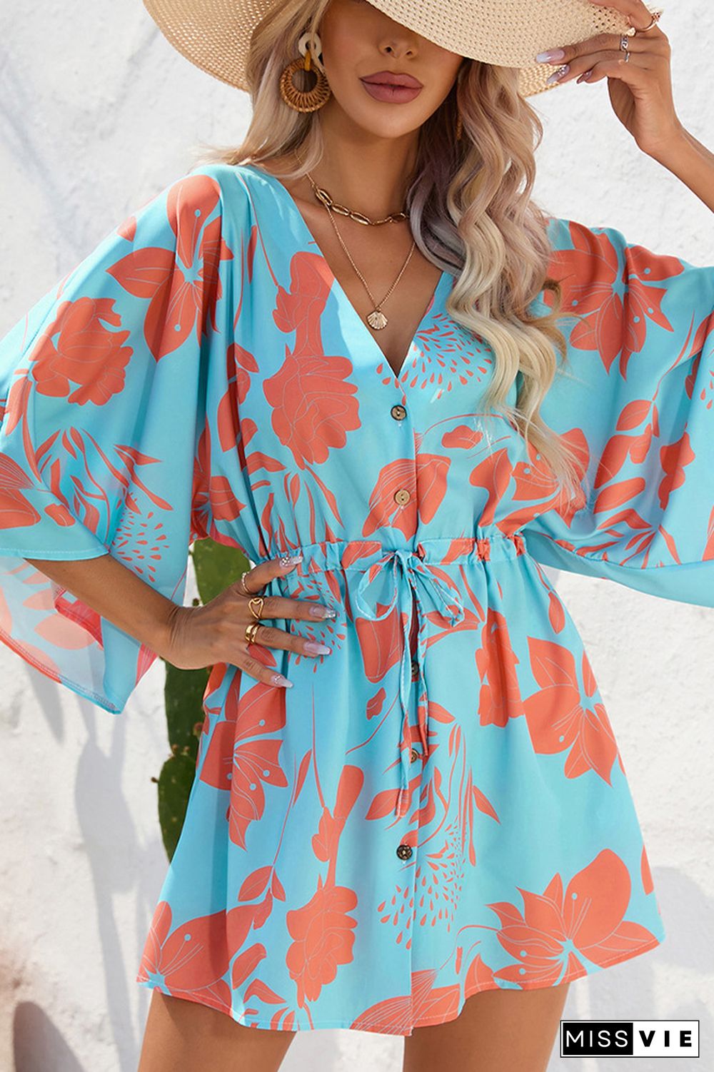 Open Button V Neck Drawstring Flare Sleeves Floral Dress