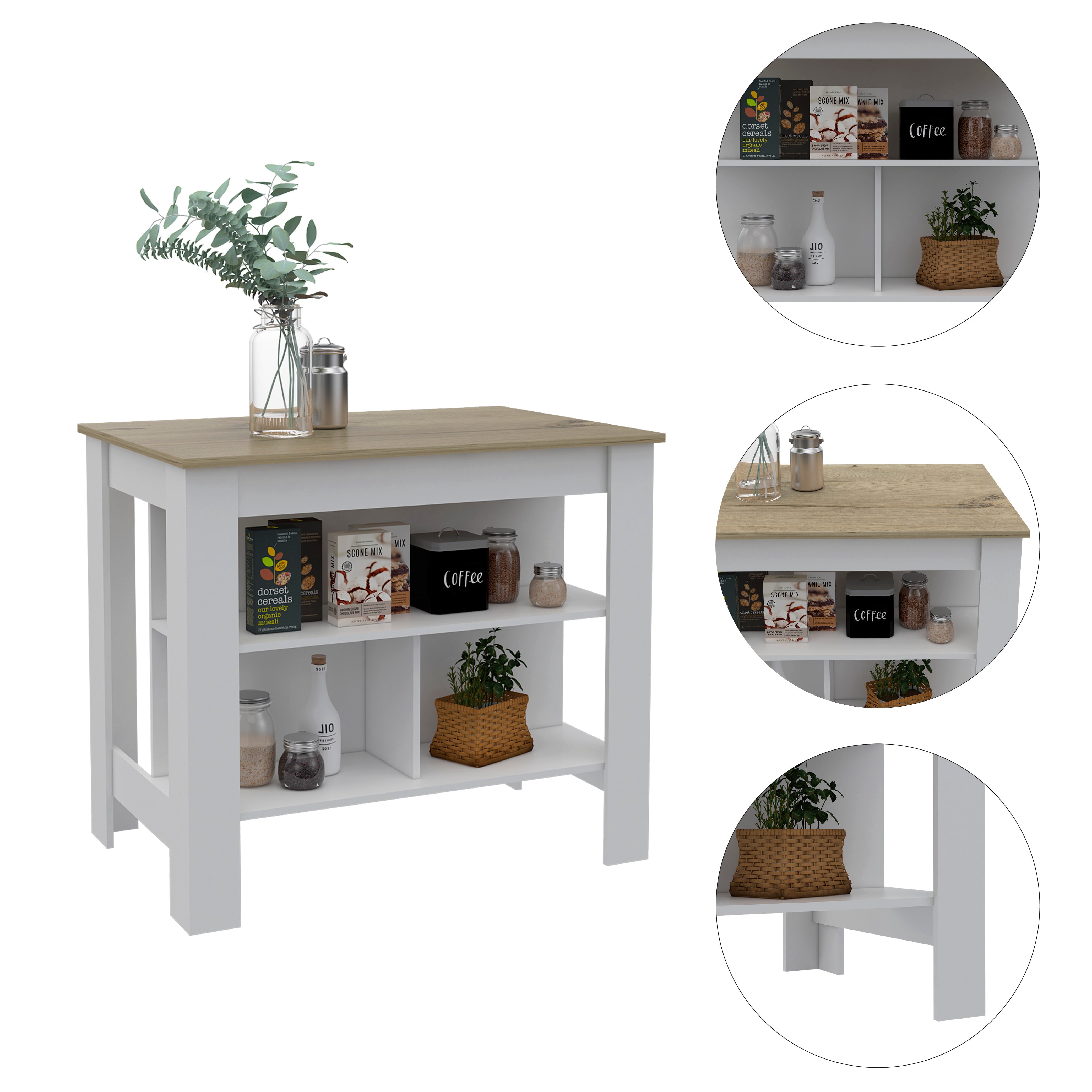 Boahaus Le Havre White Painted Kitchen Island， Wood Tabletop