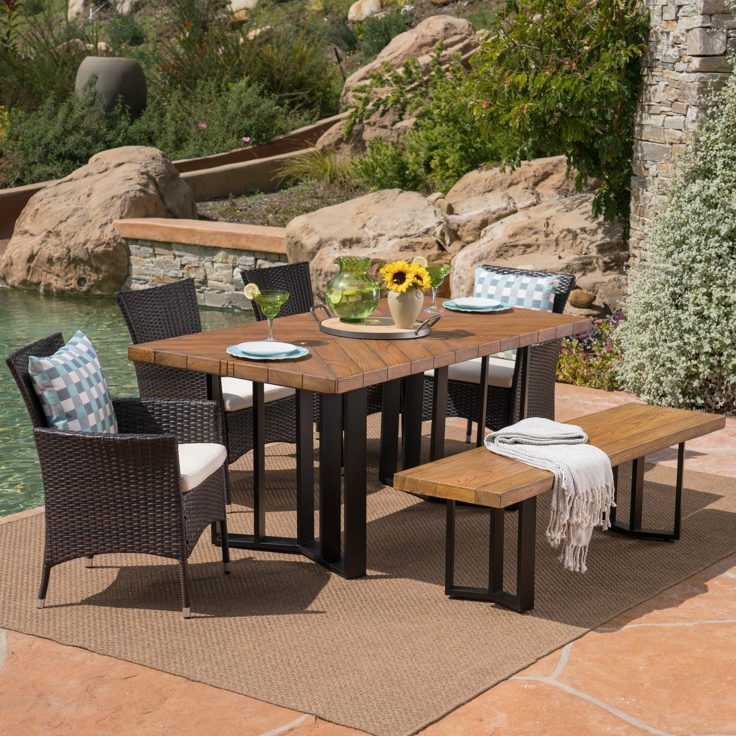 Truda Outdoor 6 Piece Wicker Dining Set with Concrete Dining Table and Bench