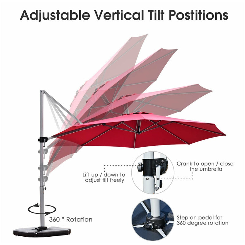 11 FT Patio Offset Cantilever Umbrella 360° Rotation Tilt with Cross Base & Crank Handle