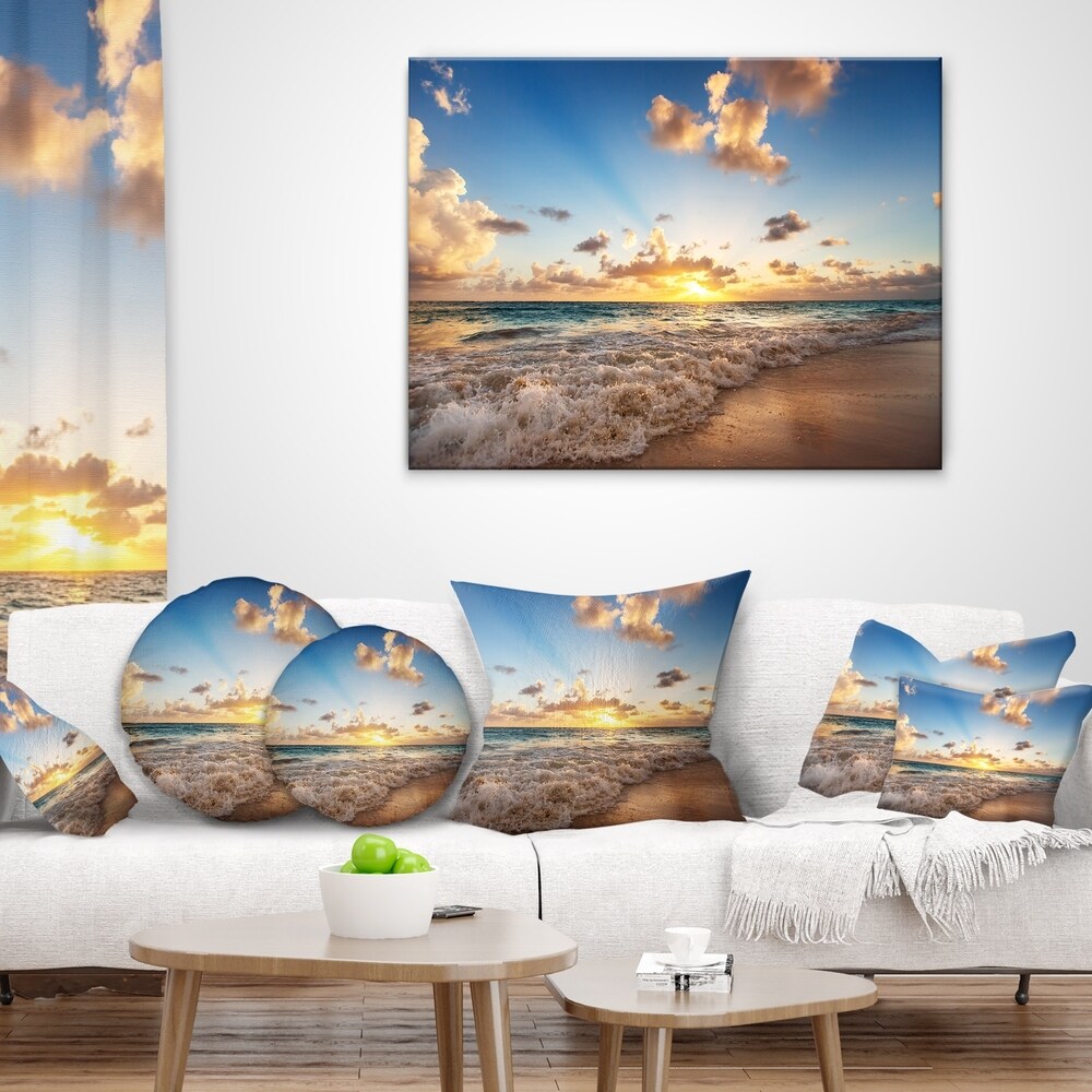 Designart 'Sunrise on Beach of Caribbean Sea' Seashore Throw Pillow