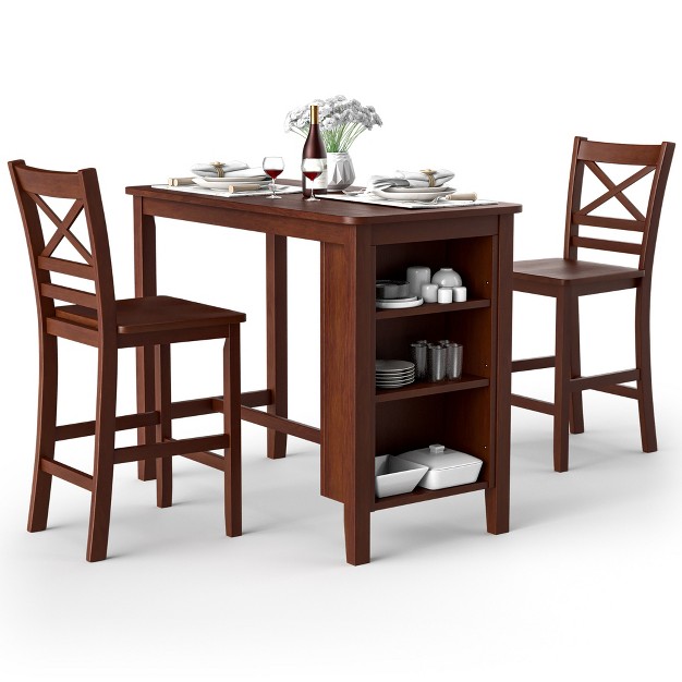 Homesessentials 3pcs Counter Height Pub Dining Table Set W Storage Shelves amp 2 Bar Chairs