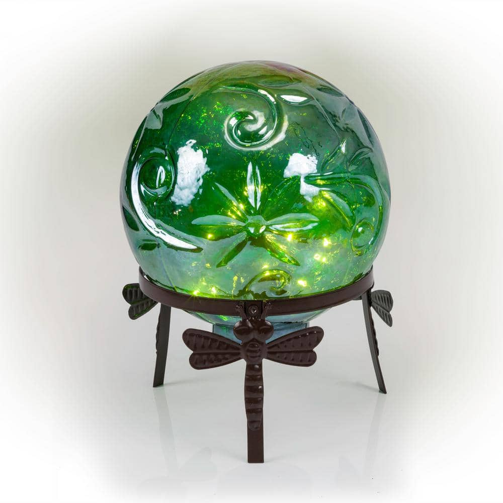 Alpine Corporation 13 in. Tall Indoor/Outdoor Pearlized Green Glass LED Gazing Globe with Stand HGY112A-GN