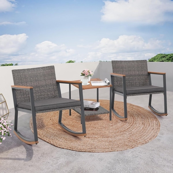 3 Pieces Wicker Rocking Bistro，Weather Rattan Patio Outdoor Furniture Conversation Chair Sets with Coffee Table and Cushions