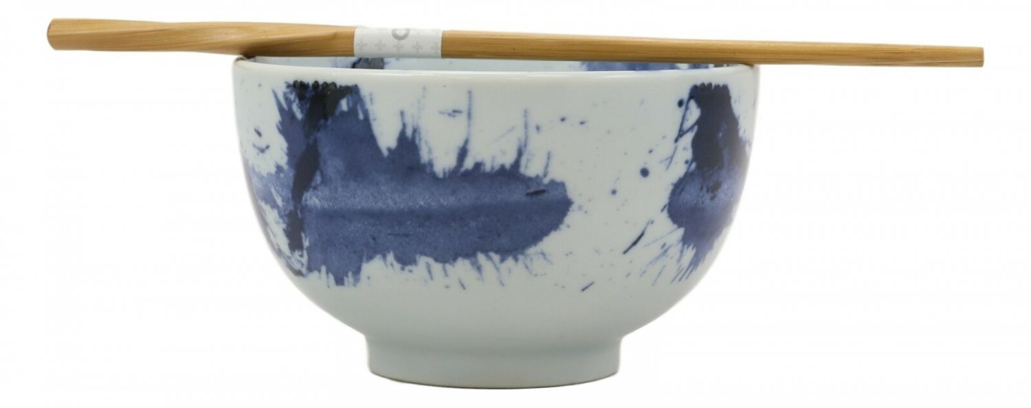 1 Japanese Blue Splash Paint Abstract Design Porcelain Bowls With Chopsticks Set 2 EBR02