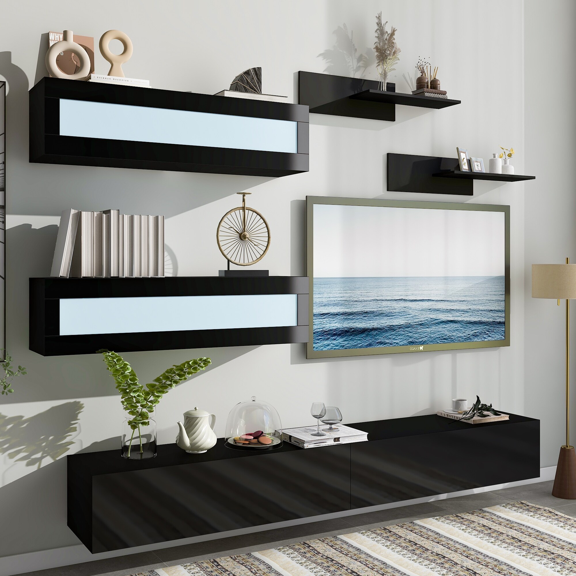 Modern Black Wall Mount Floating TV Stand with Four Cabinets