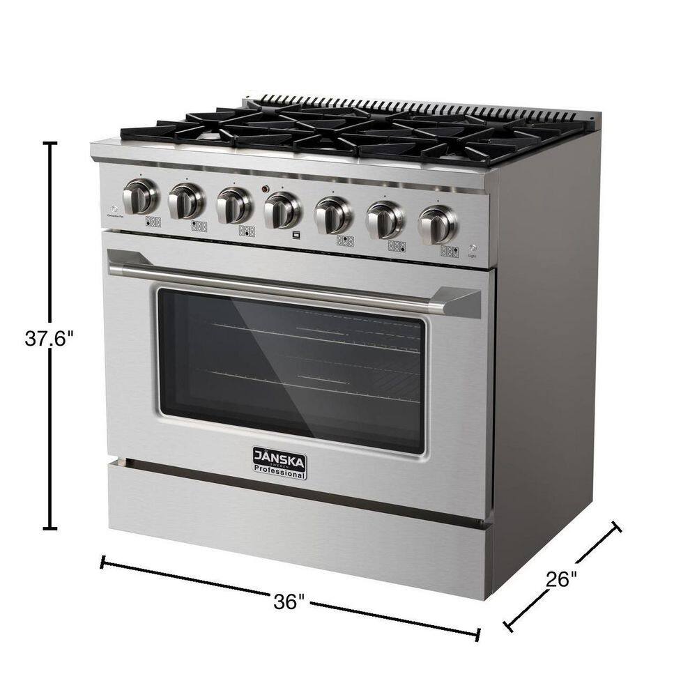 JANSKA Professional 36 in. 5.2 cu. ft. Gas Range with 6 Burners Convection Oven in Stainless Steel with 2 Sets of Knobs GR-600 SSB