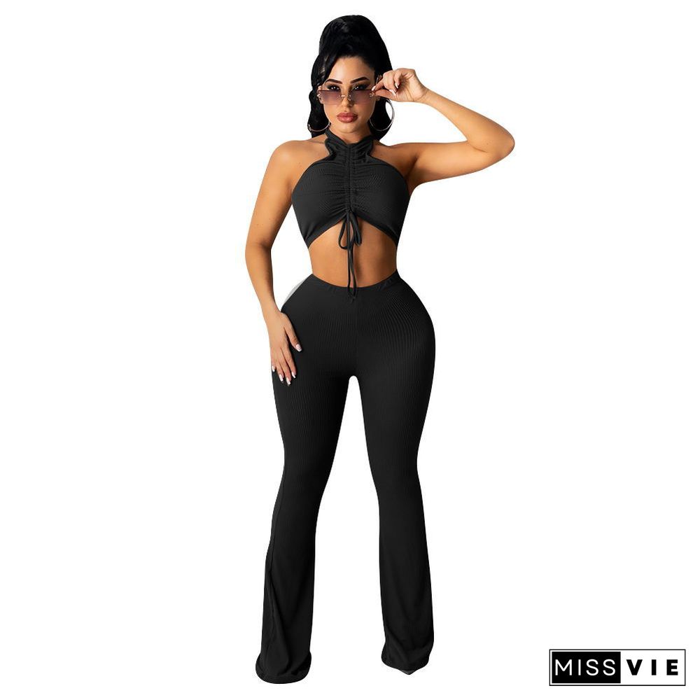 Solid Bandage Sleeveless Crop Top Flare Pants Set