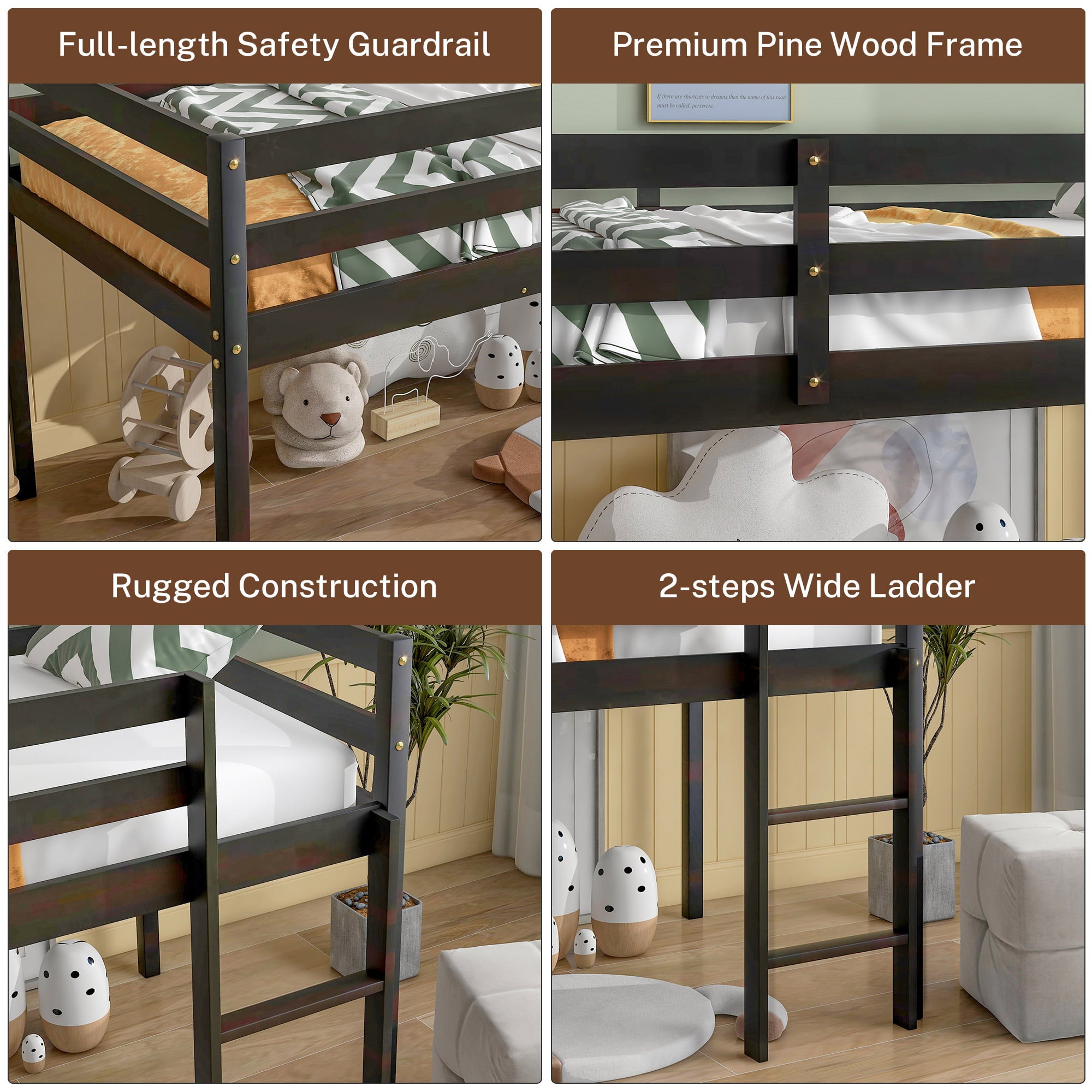 Low Twin Wood Loft Bed with Full-length Safety Rail and Ladder, Modern Loft Bed Frame for Kids Teens Adult, Space Saving Bedroom Loft Bed, No Box Spring Needed, Espresso, J2299