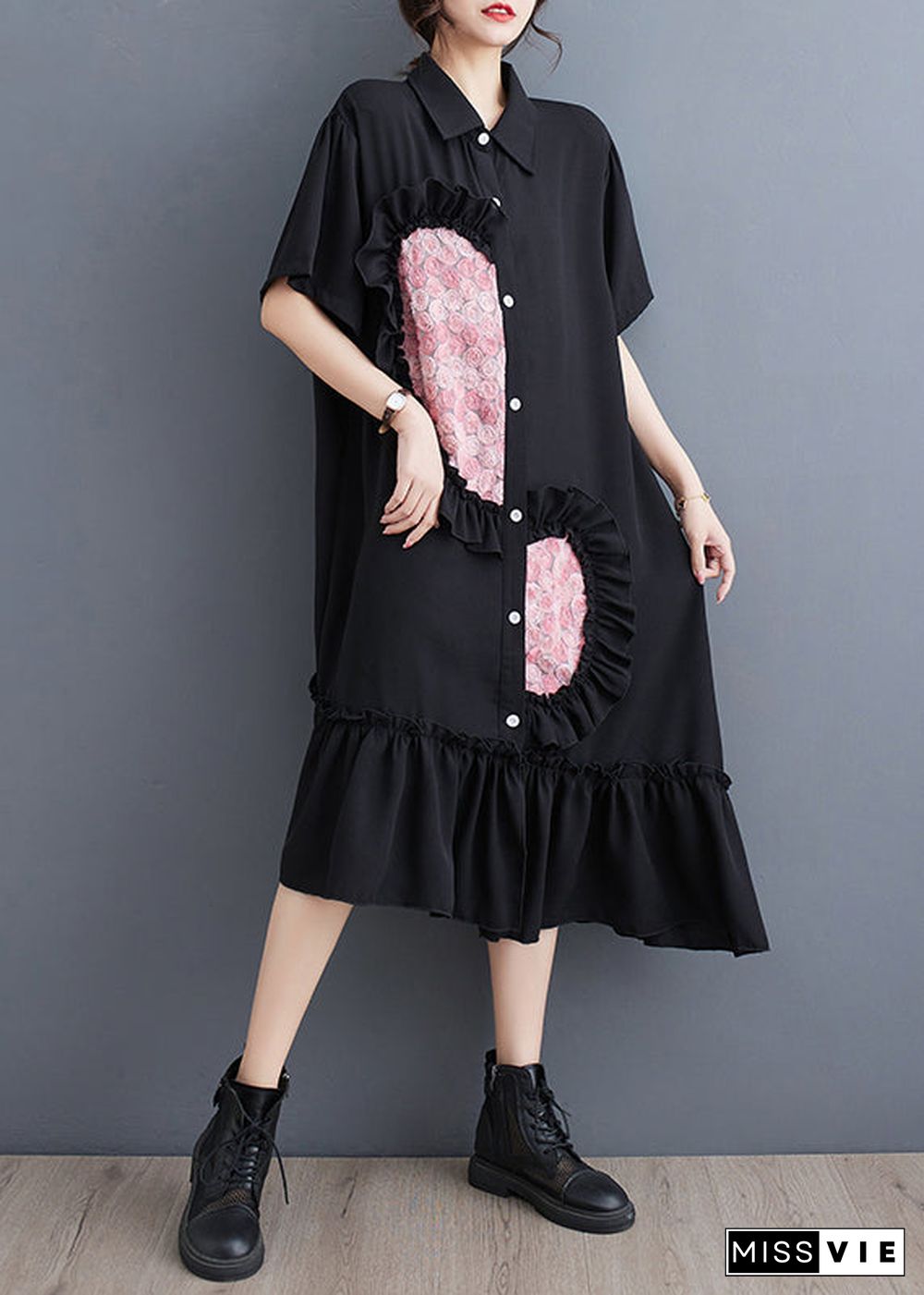 Style Black Ruffled Patchwork Cotton Shirt Dresses Summer