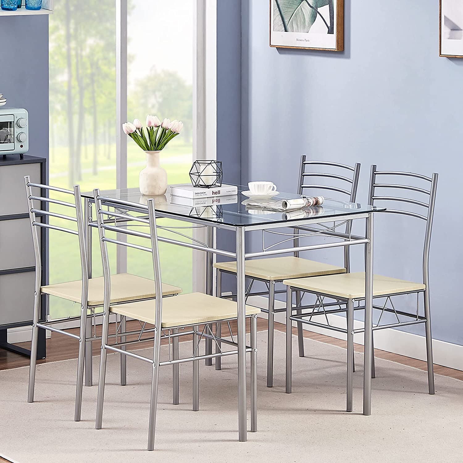 VECELO Kitchen Dining Room Table and Chairs 4， 5-Piece Dinette Sets， Space Saving (Silver)， Silvery