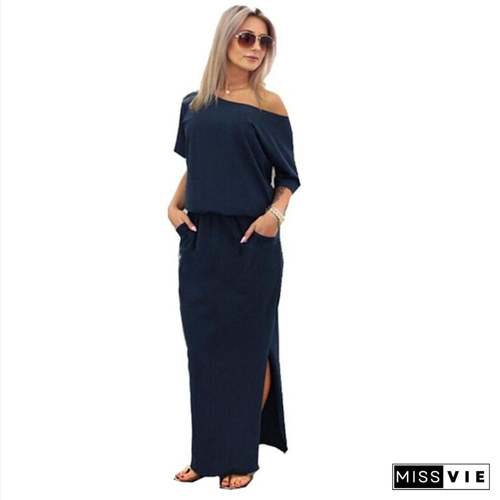 Sexy Women Boho Maxi Dress Short Sleeve Side Slit Loose Evening Party Long Beach Dress