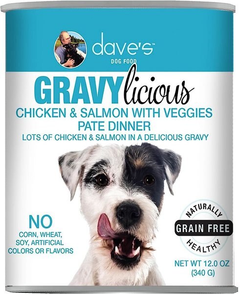 Dave's Pet Food Gravylicious Chicken and Salmon Veggies Grain-Free Wet Dog Food， 12-oz can， case of 12