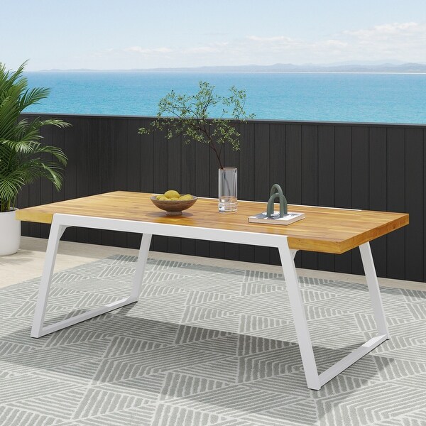 Teak Wooden Slat Panel Tabletop and a Sleek Sled Base Frame Outdoor Dining Table 70.75