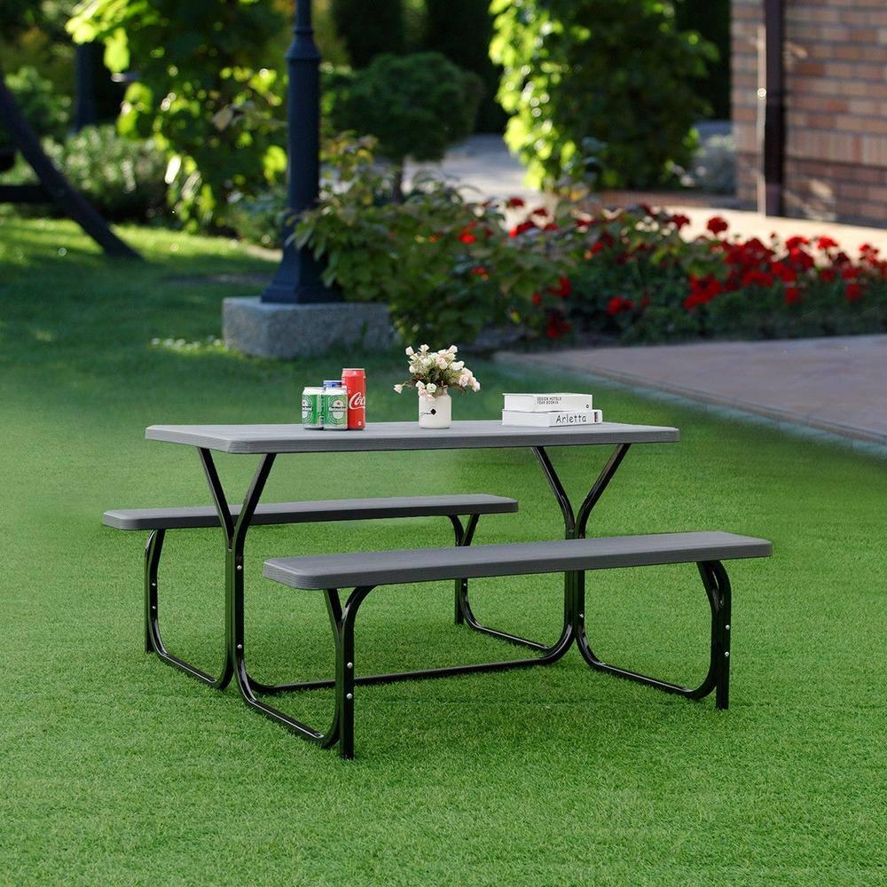 CASAINC Black Rectangular Plastic Outdoor Picnic Table with 2 Bench