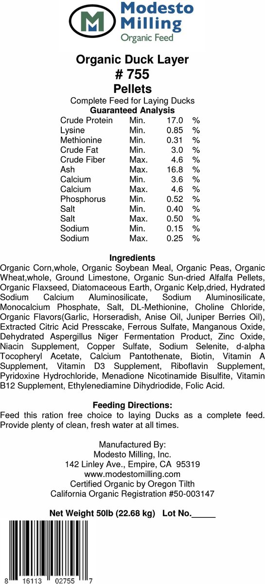 Modesto Milling Organic Layer Pellets Chicken and Duck Food