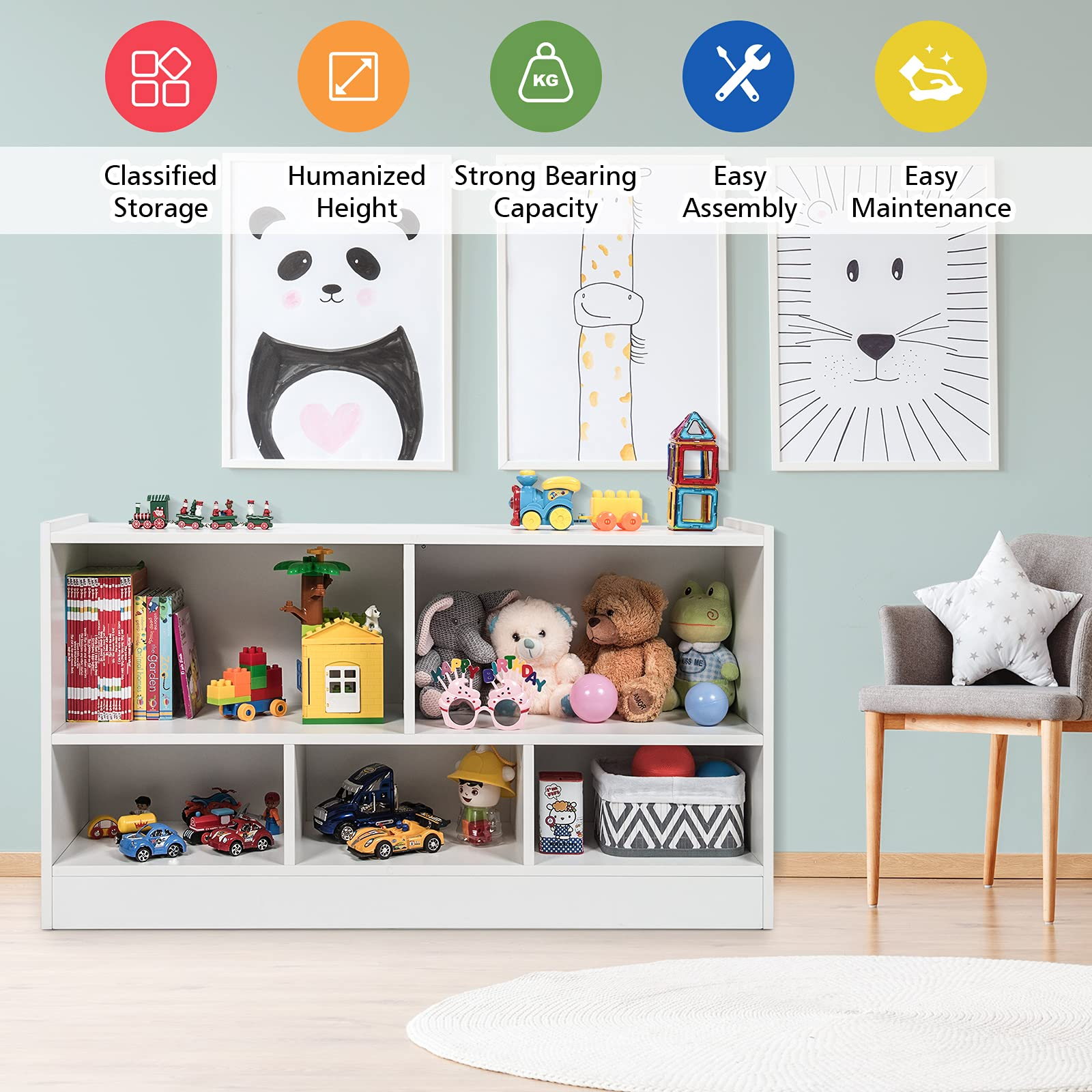 Costzon Wooden Bookshelf Daycare Furniture for Playroom, Kids Room, Nursery, Kindergarten