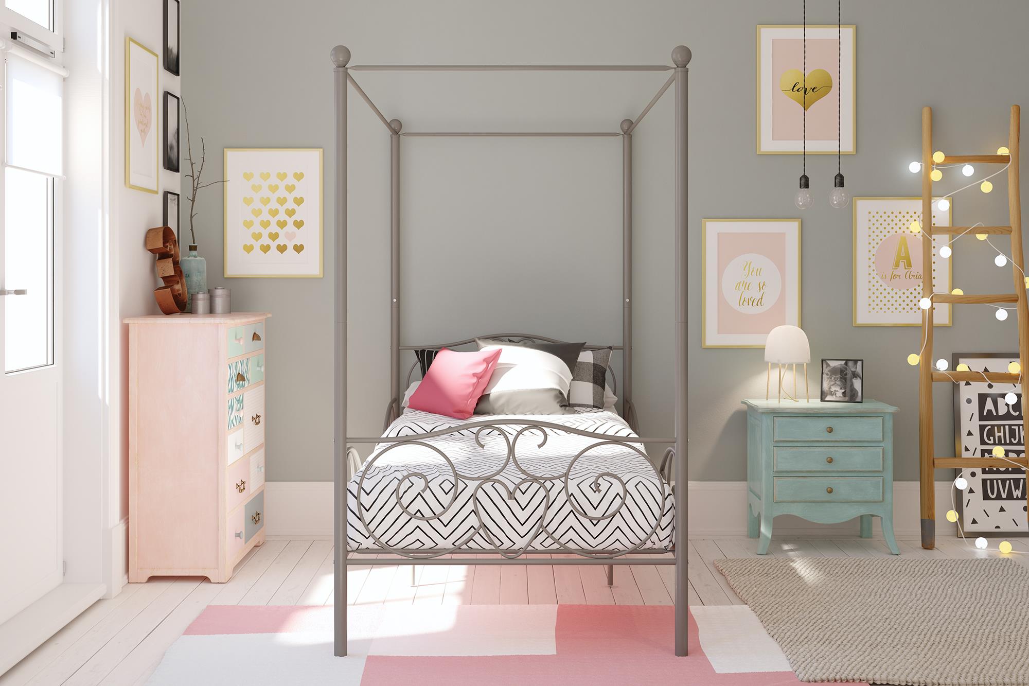 Elm & Oak Metal Canopy Kids Poster Bed, Twin, Pewter