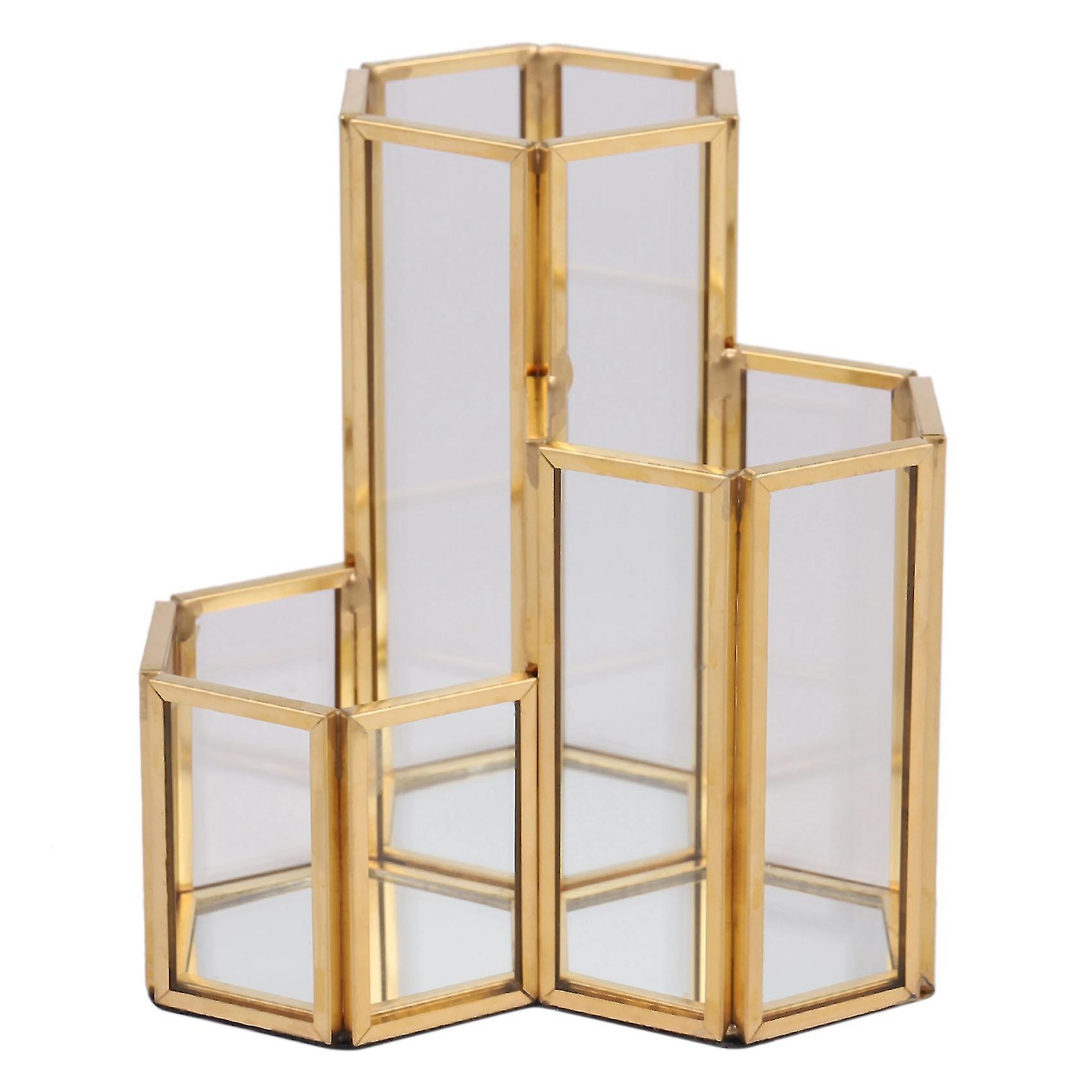 4x Glass Copper Hexagon Composite Pen Holder Makeup Brush Glass Box Multifunction Desktop Organizer