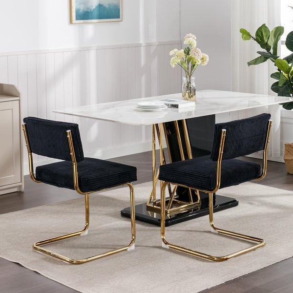 Modern Dining Chairs with Corduroy Fabric，Gold Metal Base， Accent Armless Kitchen Chairs with Channel Tufting，Set of 2