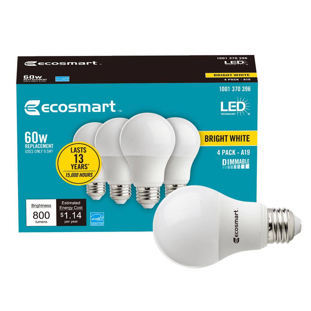 EcoSmart 60-Watt Equivalent A19 Dimmable Energy Star LED Light Bulb Bright White (4-Pack) B7A19A60WESD02