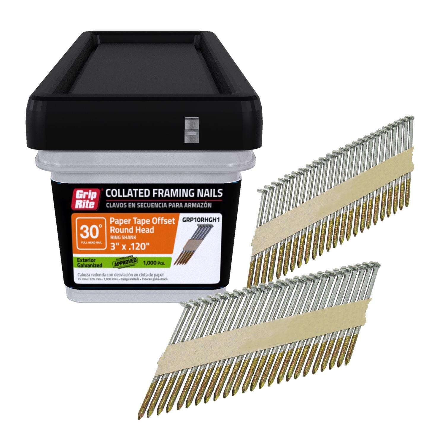 Grip-Rite 3 in. 11 Ga. Angled Strip Hot-Dip Galvanized Framing Nails 30 deg 1000 pk