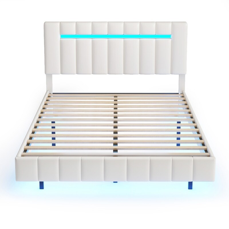 PU Upholstered Platform Bed with LED Lights and USB Charging Queen Size