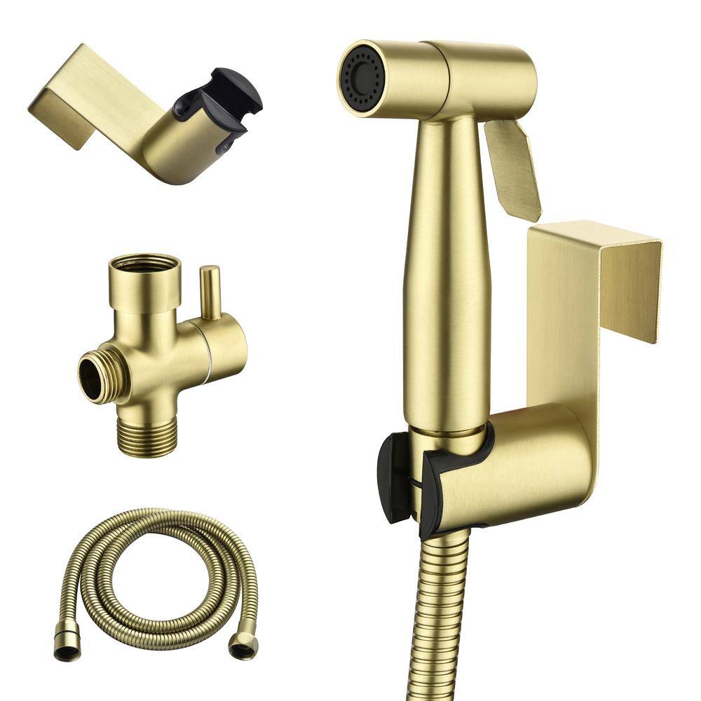 Boyel Living Single-Handle Bidet Faucet with Sprayer Holder Solid Brass T-Valve Adapter and Flexible Bidet Hose in Brushed Gold SMD-16029BG