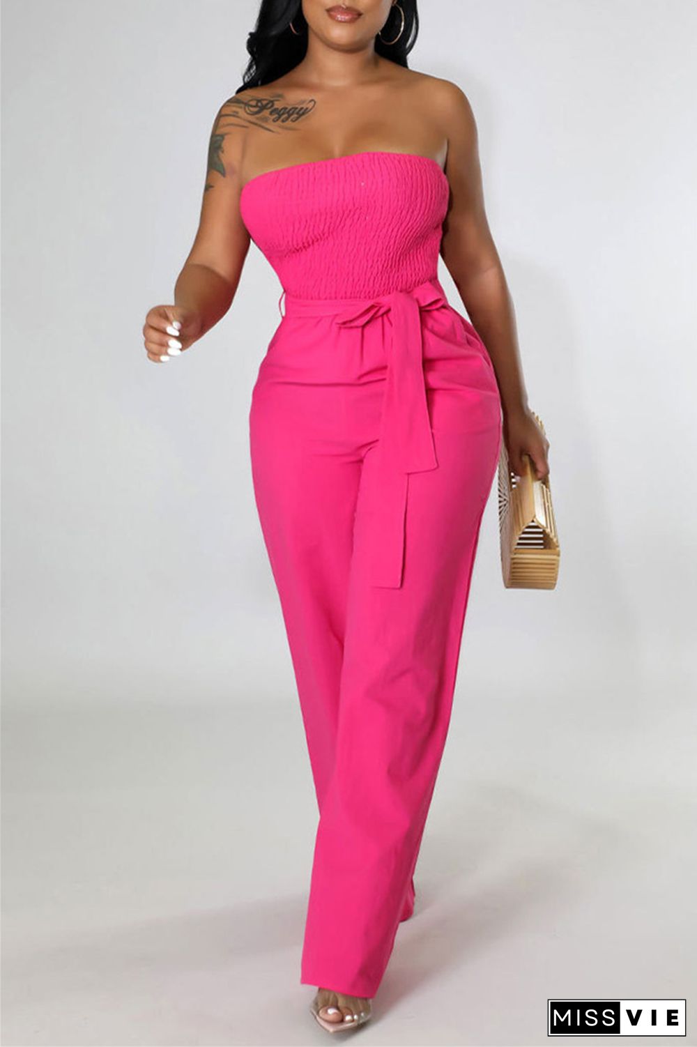 Orange Fashion Casual Solid Backless Strapless Regular Jumpsuits