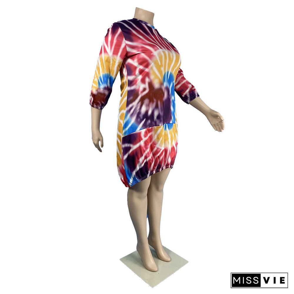 Tie Dye Plus Size Women Clothing Three-Quarter Sleeve O Neck Oversized Loose T Shirt Midi Dresses