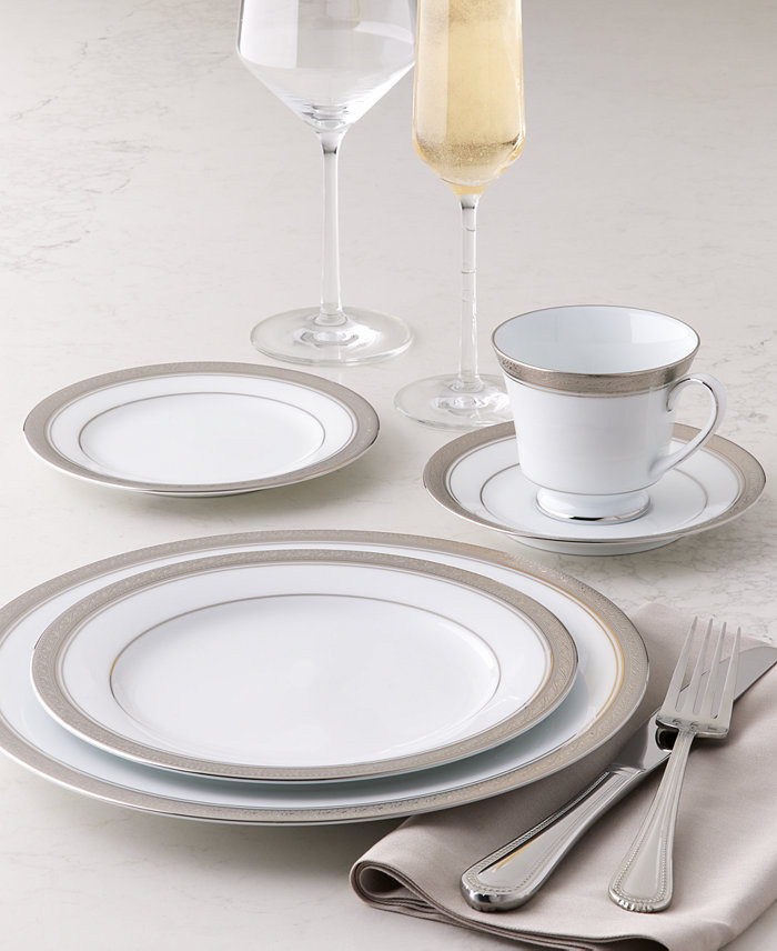 Macy's Noritake Crestwood Platinum Dinnerware Schott Zwiesel Pure Glassware and Mikasa Regent Bead Flatware