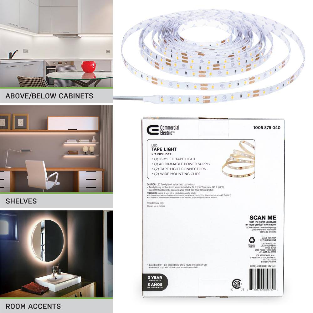 Commercial Electric 16 ft. LED AC Dimmable White Tape Light Kit Under Cabinet Light 421511