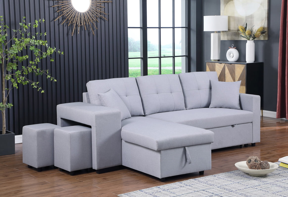 Dennis Light Gray Linen Fabric Reversible Sleeper Sectional with Storage Chaise and 2 Stools