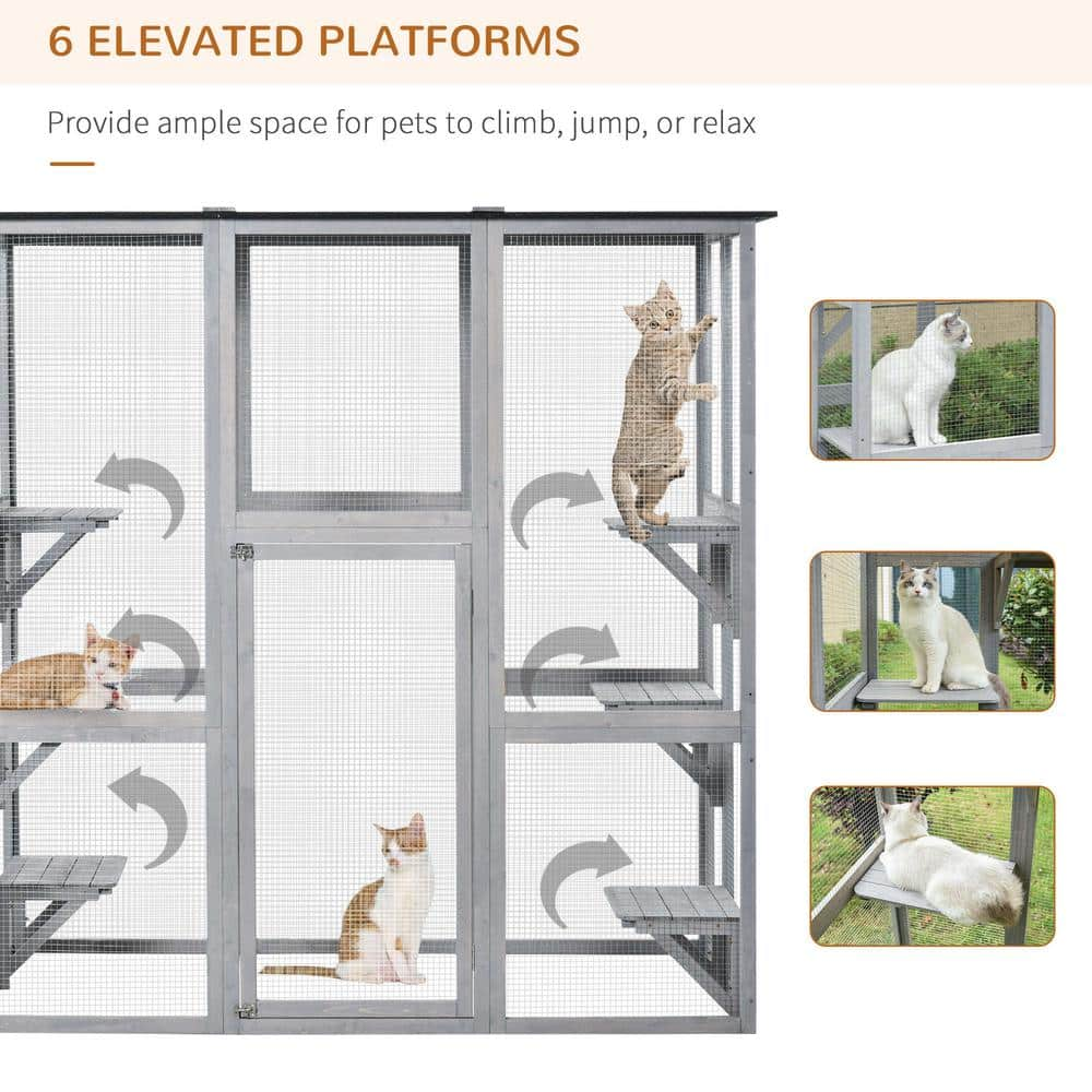 PawHut 71 in. L Large Grey Wooden Outdoor Cat House Catio Enclosure, Kitten Cage w/Weather Protection, Cat Patio w/ 6 Platforms D32-004GY