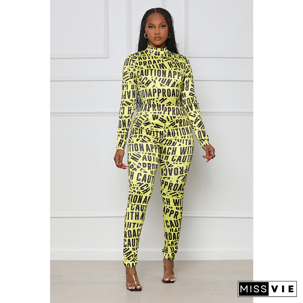 Letter Print Half High Neck Zipper Jumpsuit