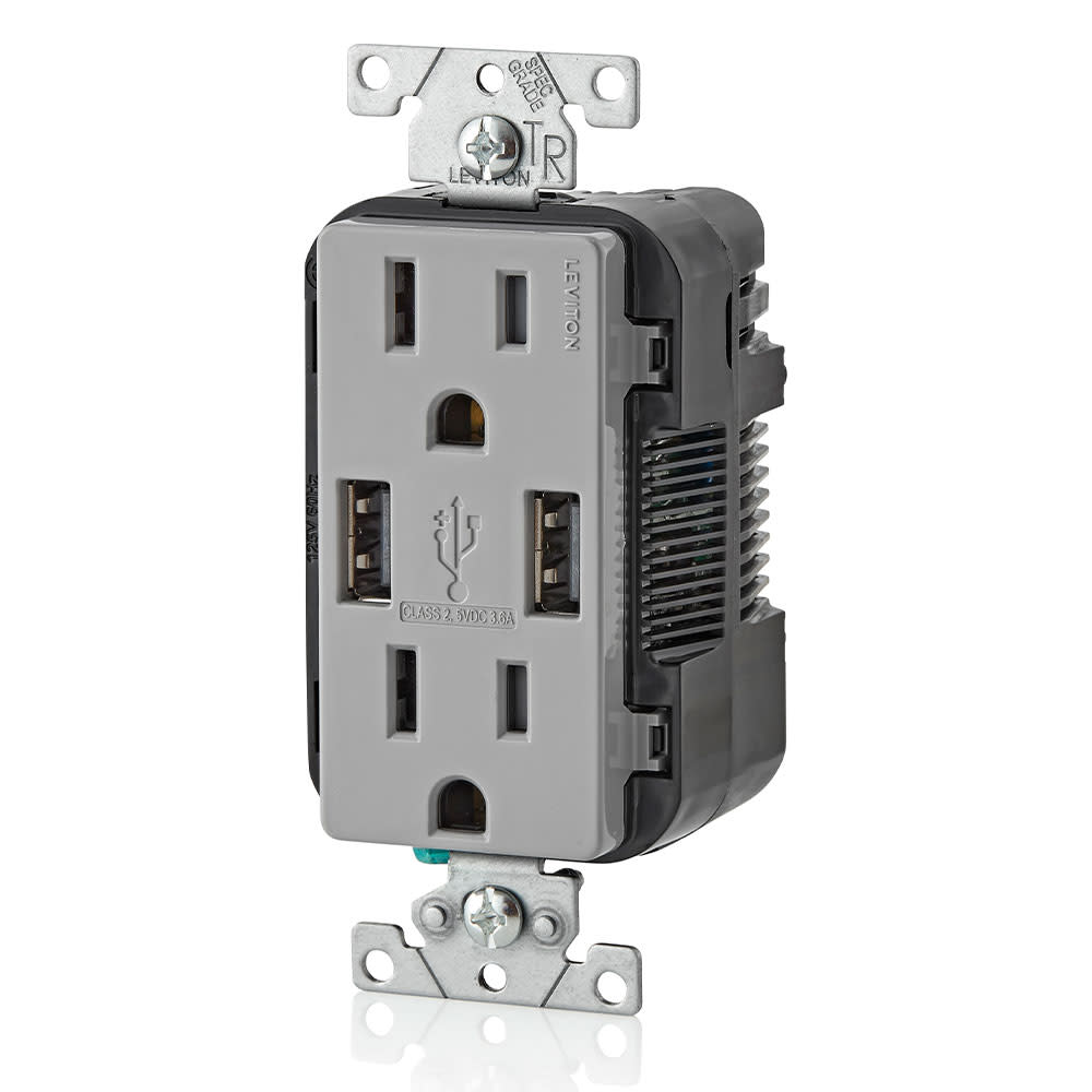 Leviton Decora 15A 125V Gray NEMA 5-15R Outlet and USB Charger