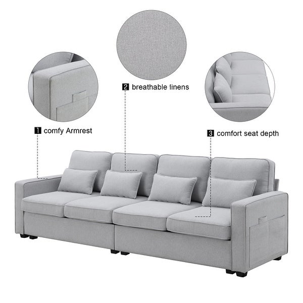 4 Seater Modern Linen Fabric Sofa with Armrest Pockets and 4 Pillows