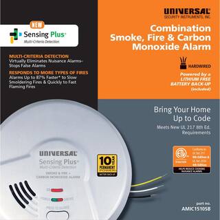 Universal Security Instruments Combination 3-in-1 Hardwired Smoke Fire and CO Alarm Detector 10-Year Sealed Battery Backup Multi-Criteria Detection AMIC1510SB