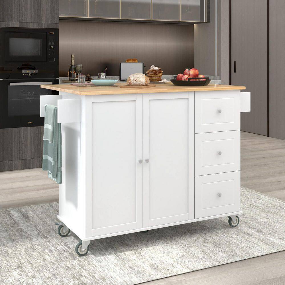 tunuo White Rolling Kitchen Island Cart with Rubber Wood Drop-Leaf Countertop (52 in. W) SFWF-287035W